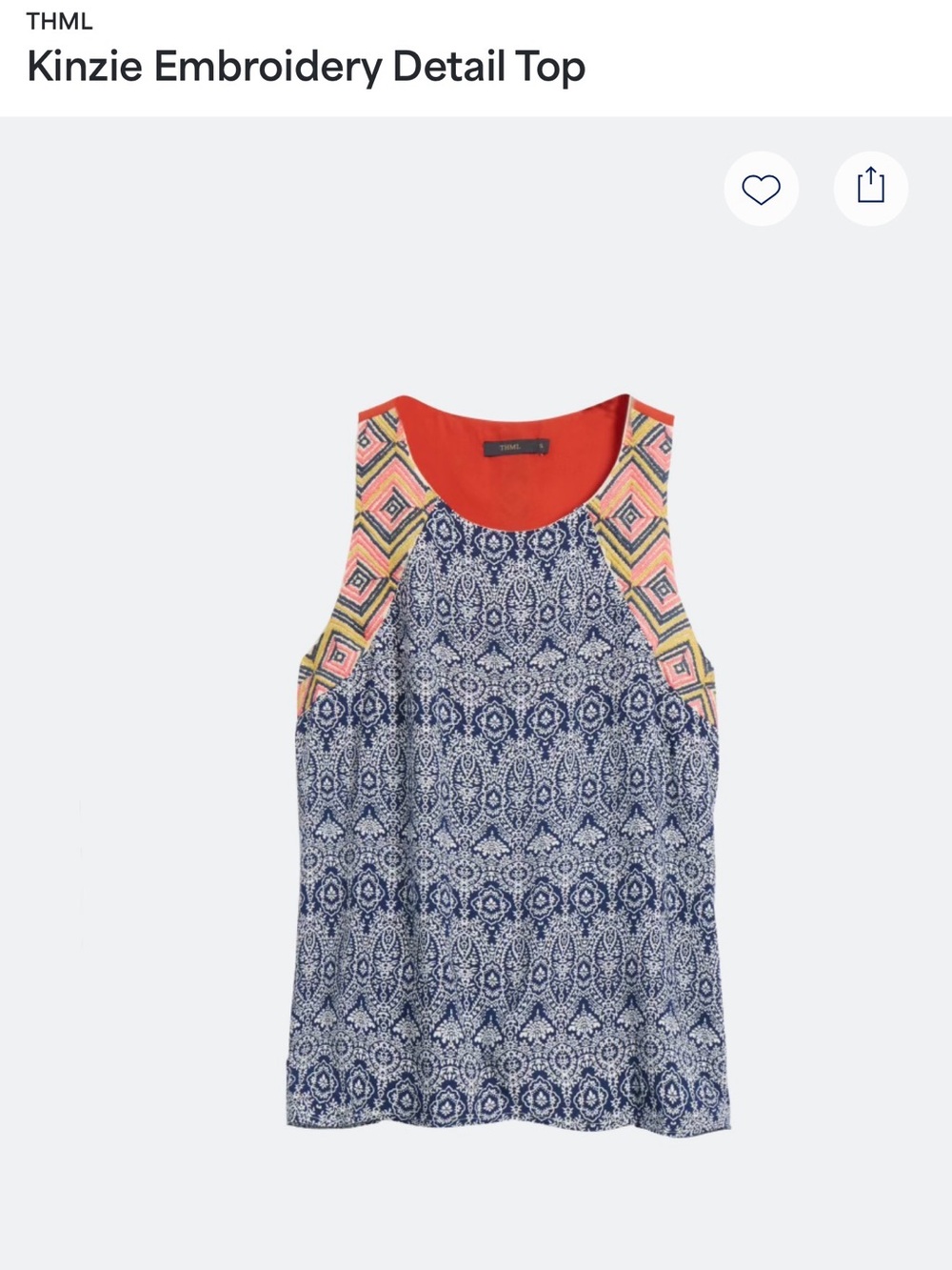 THML Navy Printed Tank with Coral Neckline and Multicolor Embroidery